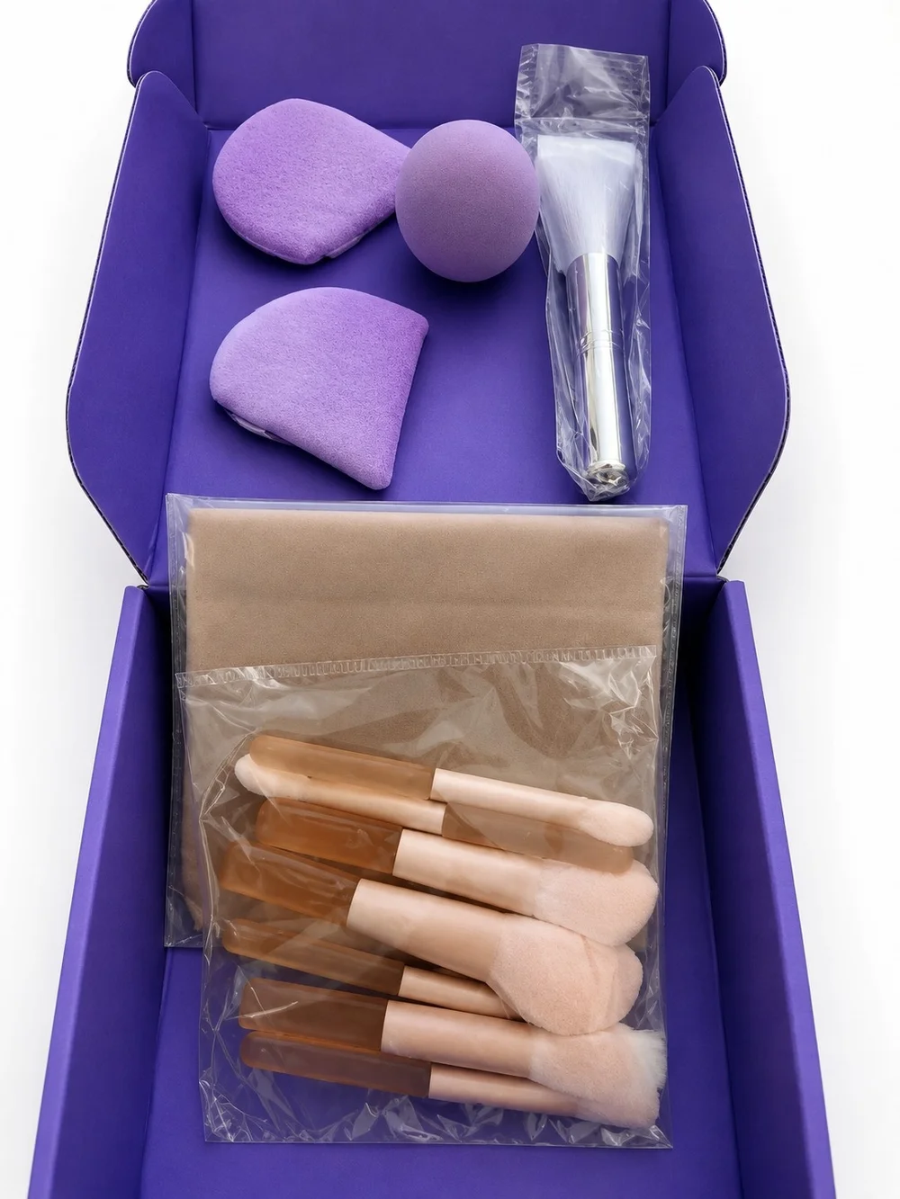 New 7-Pc Makeup Brush Set + Beauty Blender, Puffs, Facial Brush & Leather Pouch